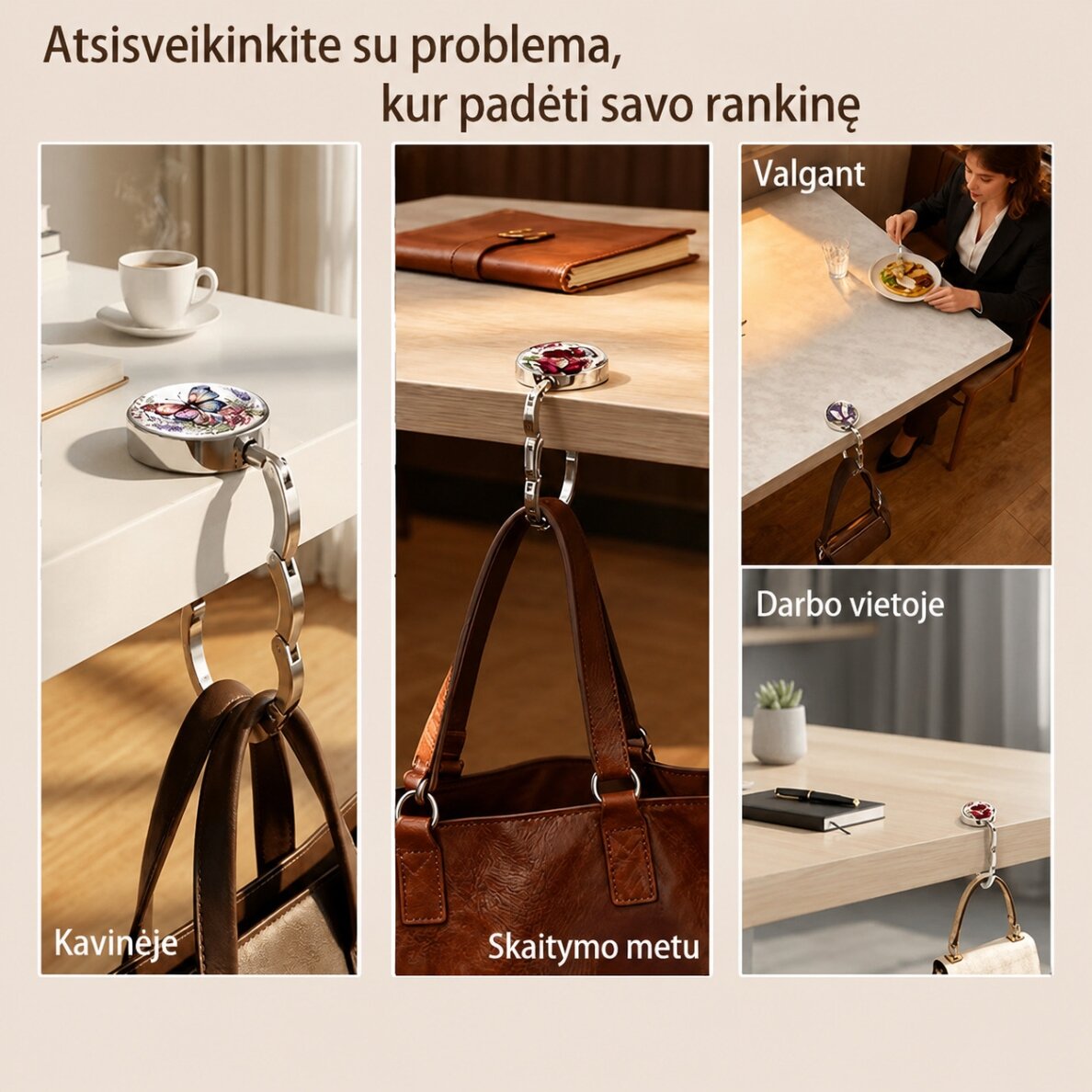 Išlankstomas kabliukas rankinei pakabinti dėžutėje su elastinga plėvele 3 Išlankstomas kabliukas rankinei pakabinti dėžutėje su elastinga plėvele 3